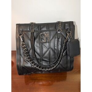 Steve Madden Black Quilted Tote Bag with Ear Bud Pouch Gunmetal Hardware SM Logo